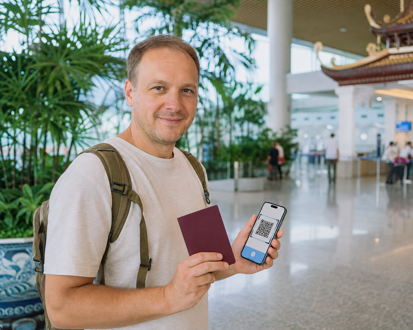 Турист с загранпаспортом и QR-кодом в аэропорту Вьетнама
